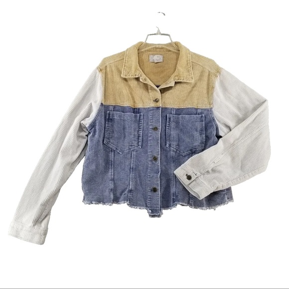 Oli & Hali Mineral Washed Color Block Fitted Corduroy Denim Jacket Raw Hem - Picture 3 of 17